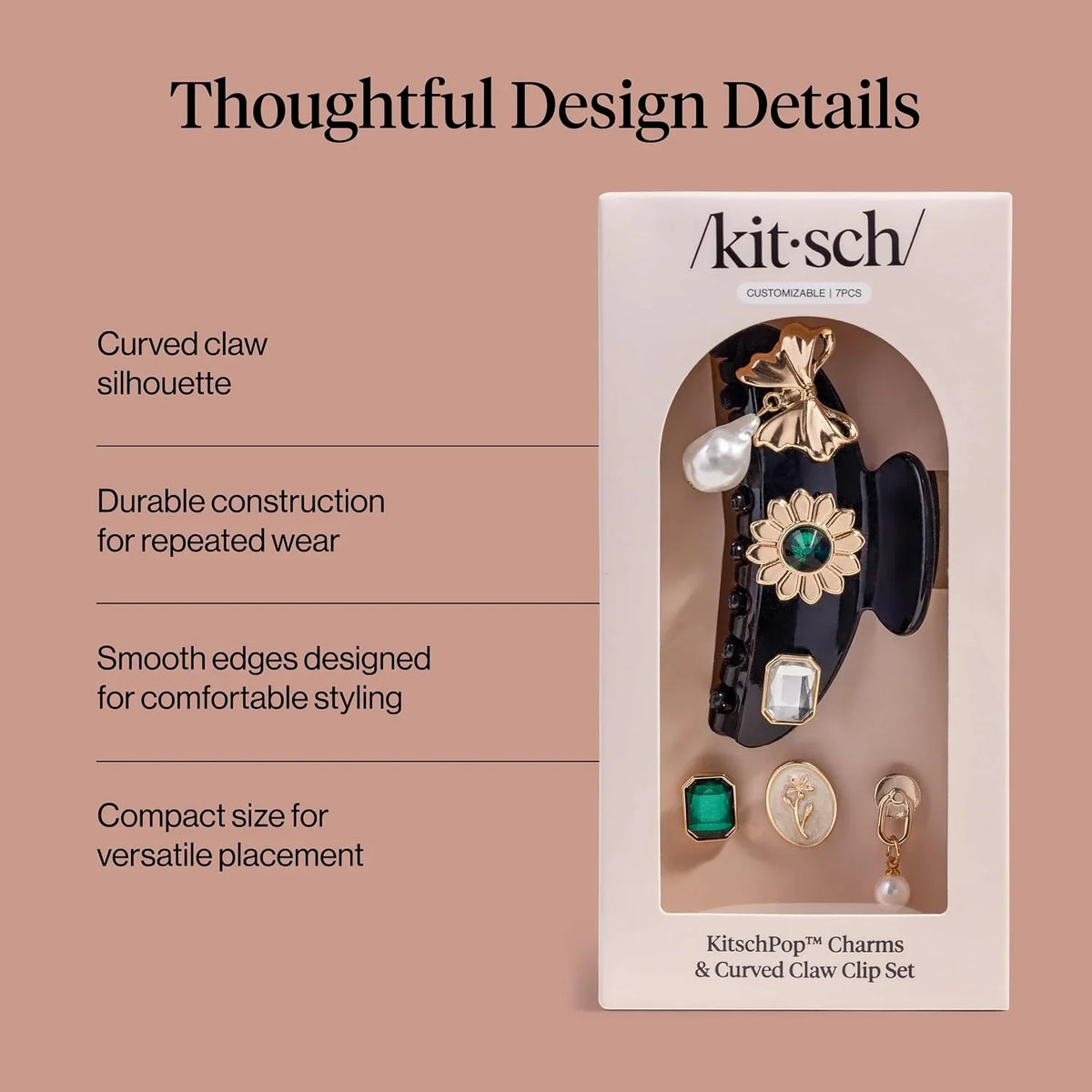 KitschPop ™ Hair Clips For Women with Charm Sets -Vintage Black, 7pcs Set