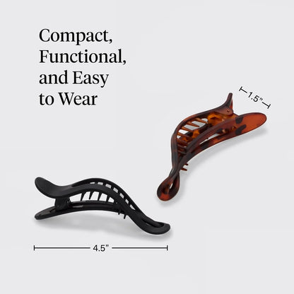 Kitsch Flat Hair Clips for Women - Black & Tortoise, 2pc