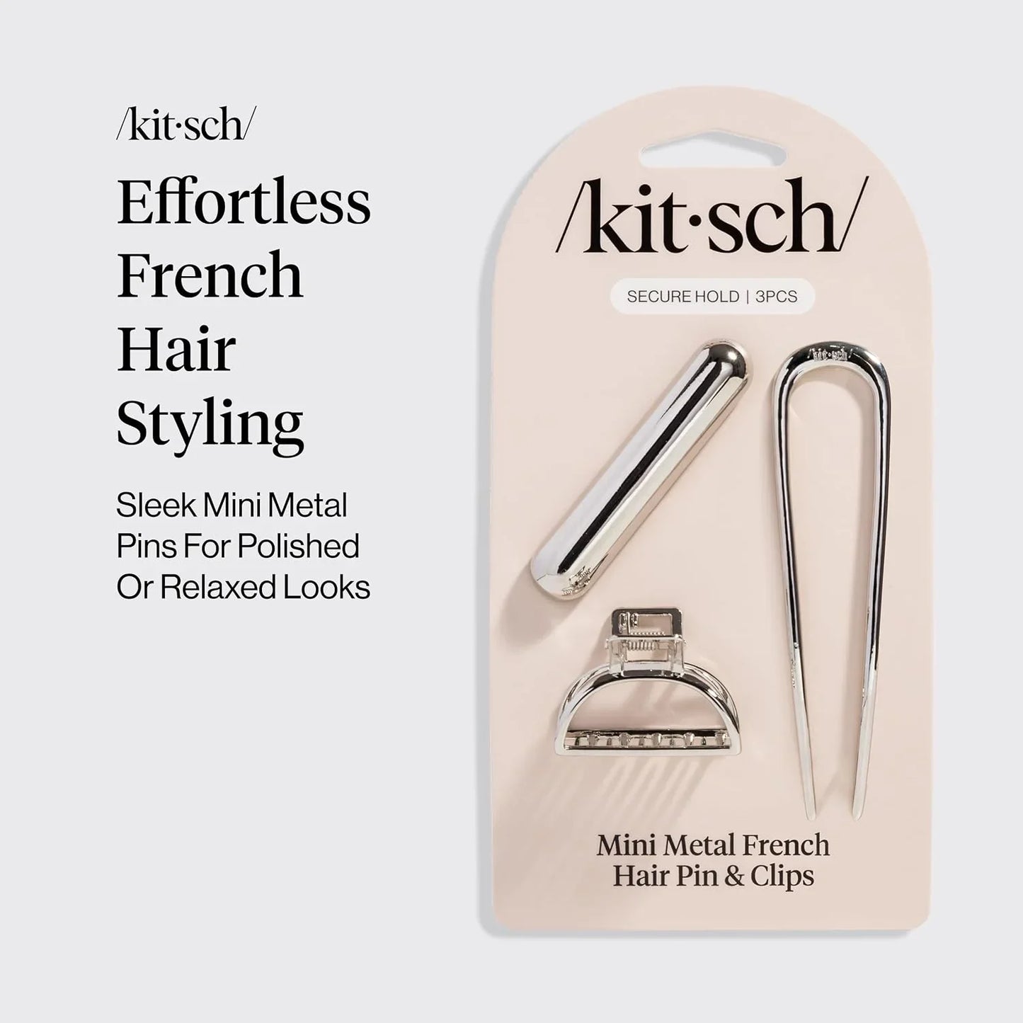 Kitsch Mini Metal French Hair Pin & Hair Clips for Women - Silver, Set of 3