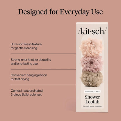 Kitsch Shower Loofah – Soft Mesh Body Scrubber & Bath Sponge - 3pc Set